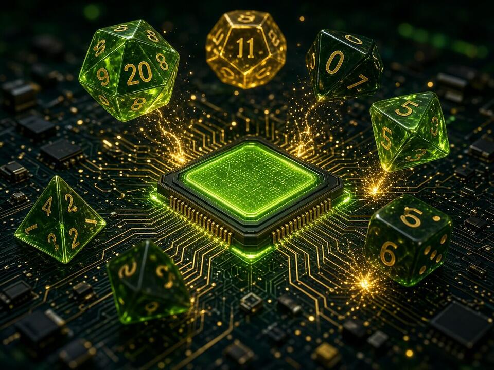 Glowing green and gold polyhedral dice tumbling around a glowing AI processor on a circuit board