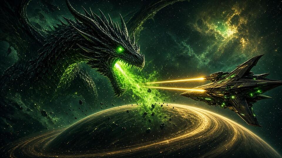 A black dragon breathing green fire at a starship firing golden lasers above a ringed planet