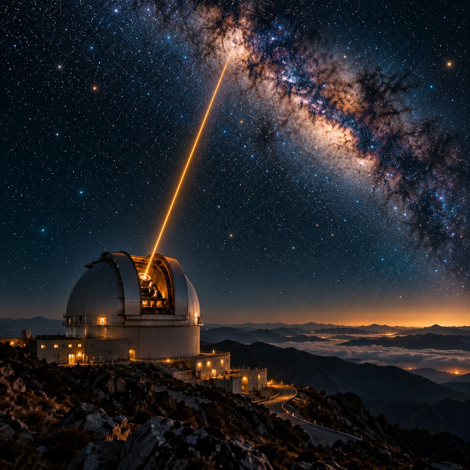 A mountaintop observatory sends an amber laser beam toward the Milky Way