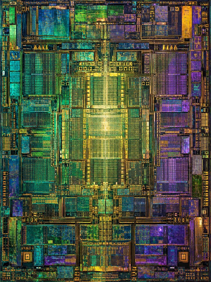 An iridescent silicon die etched with dense emerald, gold and violet circuits