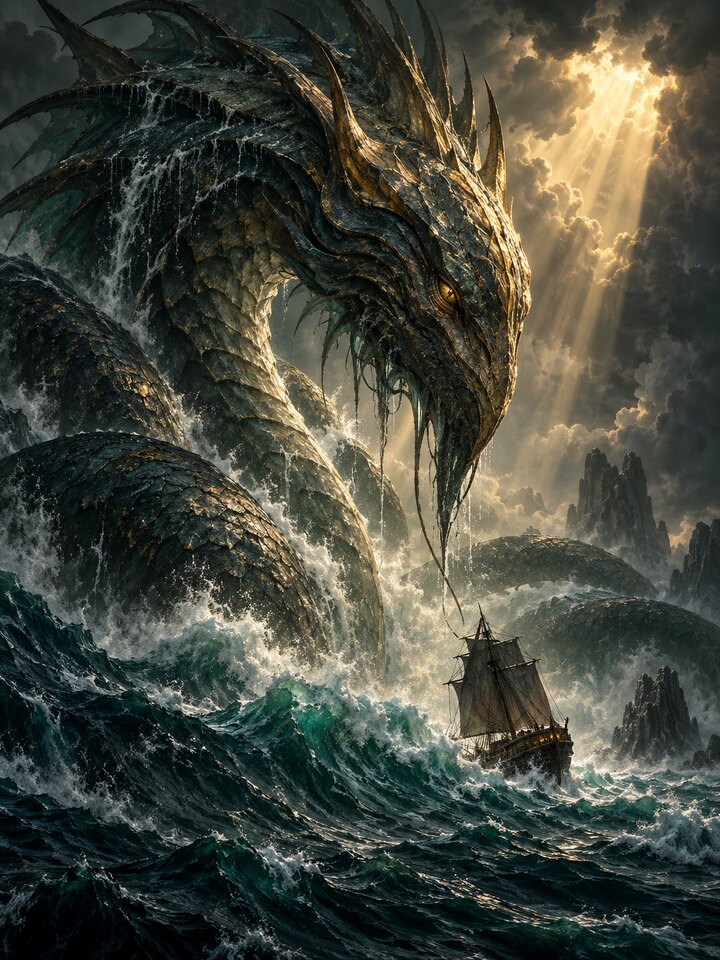 An immense, watchful sea leviathan rises beside a tiny ship in a storm