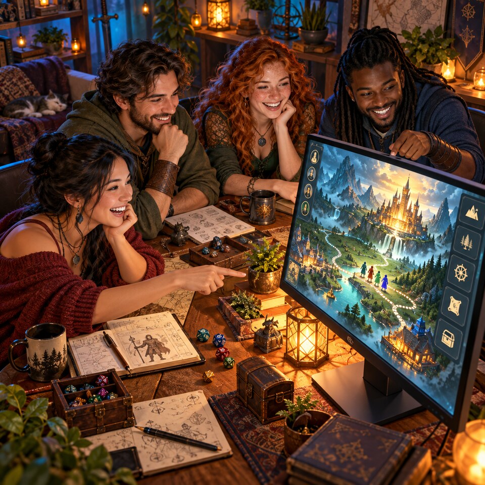 Four smiling friends play AI Dungeon Master around a table while a computer monitor shows their fantasy adventure