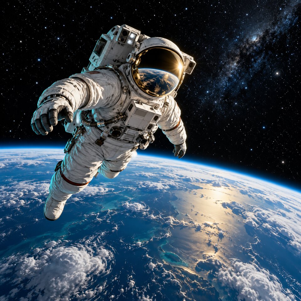 An untethered astronaut in a maneuvering suit floats above the curved blue Earth