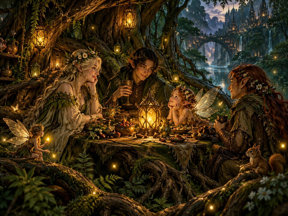 Woodland elves and tiny fairies gather around a lantern-lit table among ancient tree roots