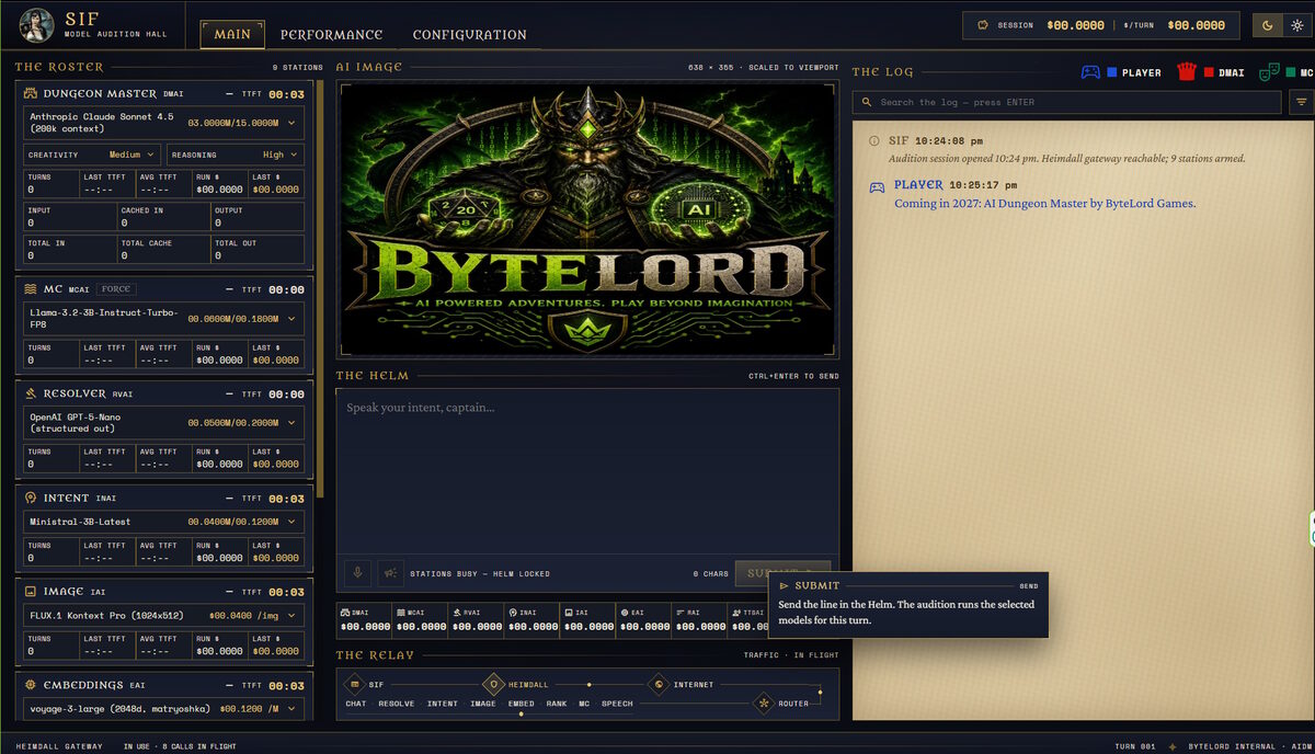 A screen from the game's workshop in dark mode: a roster of AI players on the left, scene art showing the ByteLord crest in the middle, and the game log on the right