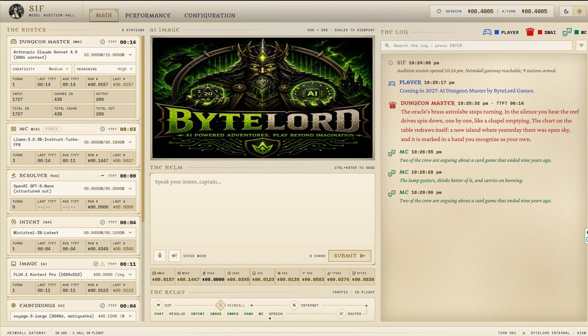 The same screen in light mode, with the Dungeon Master's narration and table chatter filling the game log