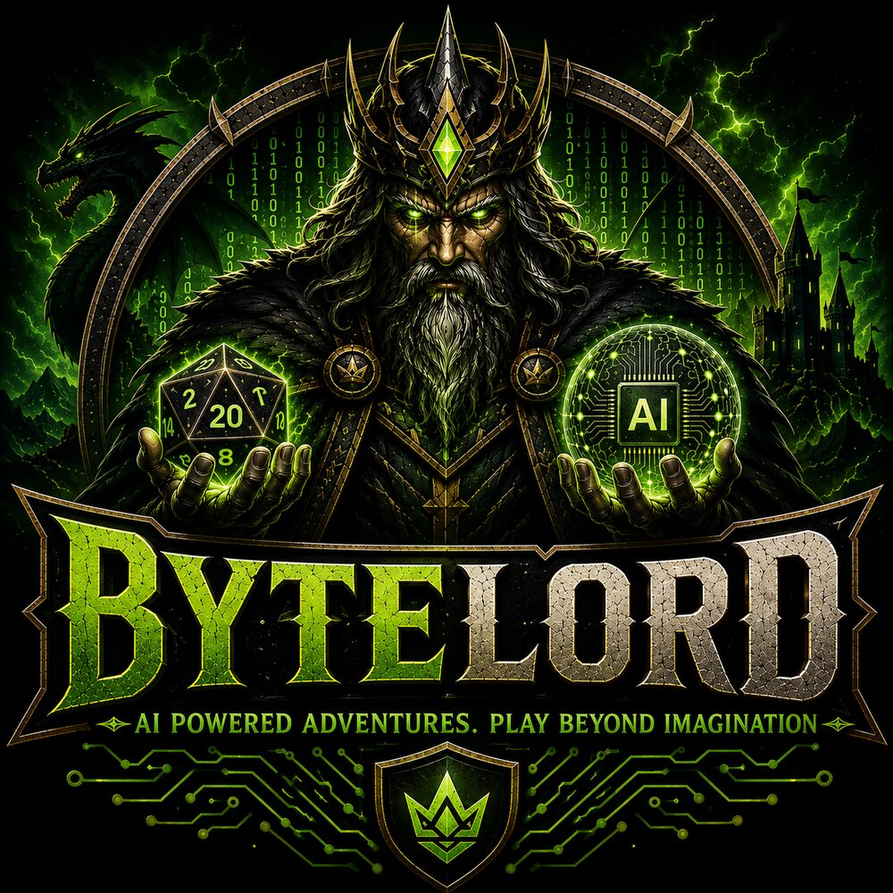 ByteLord: a crowned lord holding a glowing d20 in one hand and an AI core in the other, above the words AI powered adventures, play beyond imagination